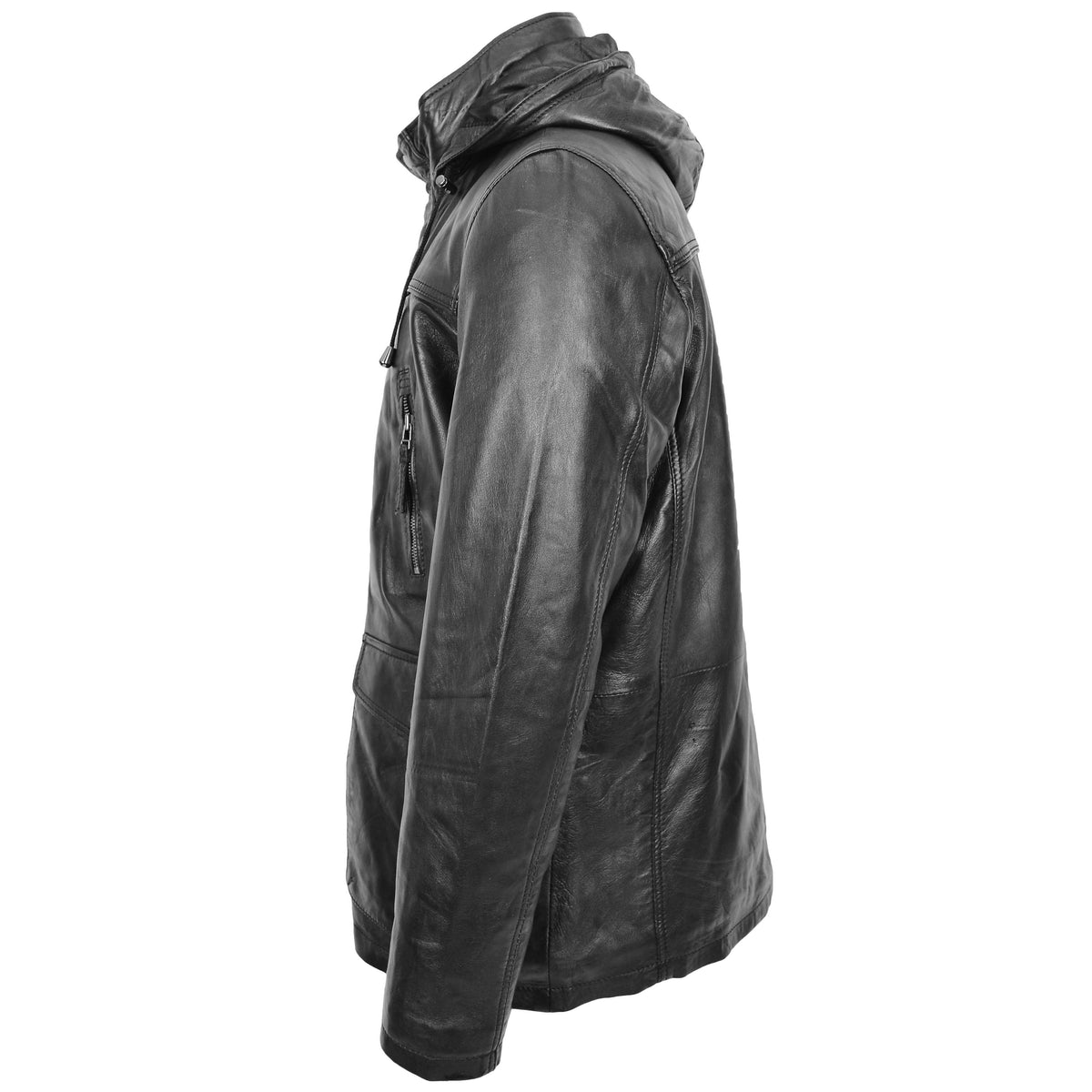 Mens Leather Parka Detachable Hoodie Logan Black - genuine leather jacket in black with six outer pockets