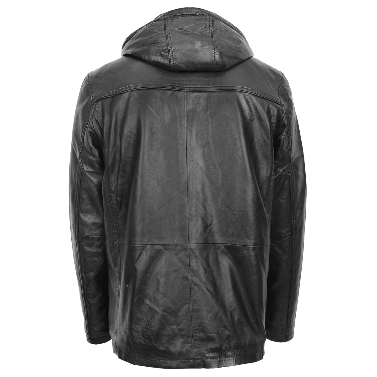 Mens Leather Parka Detachable Hoodie Logan Black - genuine leather jacket in black with parka