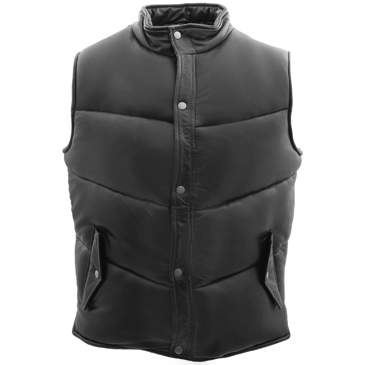 Mens Leather Puffer Waistcoat Body Warmer Leon Black - genuine leather vest in black with two outer pockets