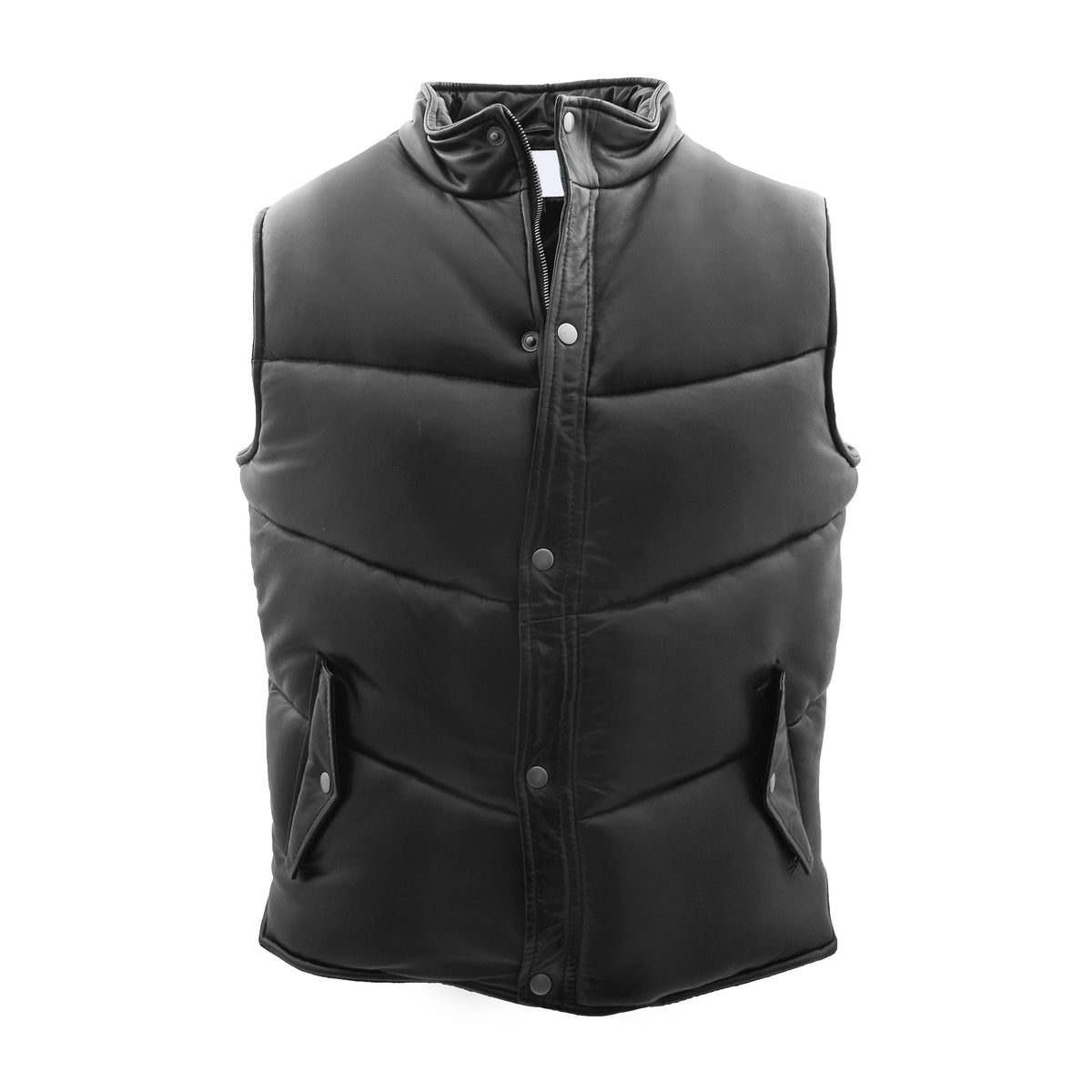 Mens Leather Puffer Waistcoat Body Warmer Leon Black - genuine leather vest in black with waistcoat