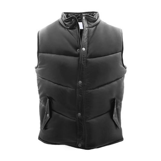Mens Leather Puffer Waistcoat Body Warmer Leon Black - genuine leather vest in black with waistcoat