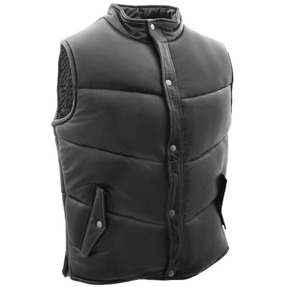Mens Leather Puffer Waistcoat Body Warmer Leon Black - genuine leather vest in black with puffer