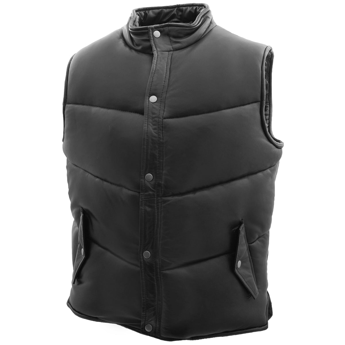 Mens Leather Puffer Waistcoat Body Warmer Leon Black - genuine leather vest in black with two outer pockets