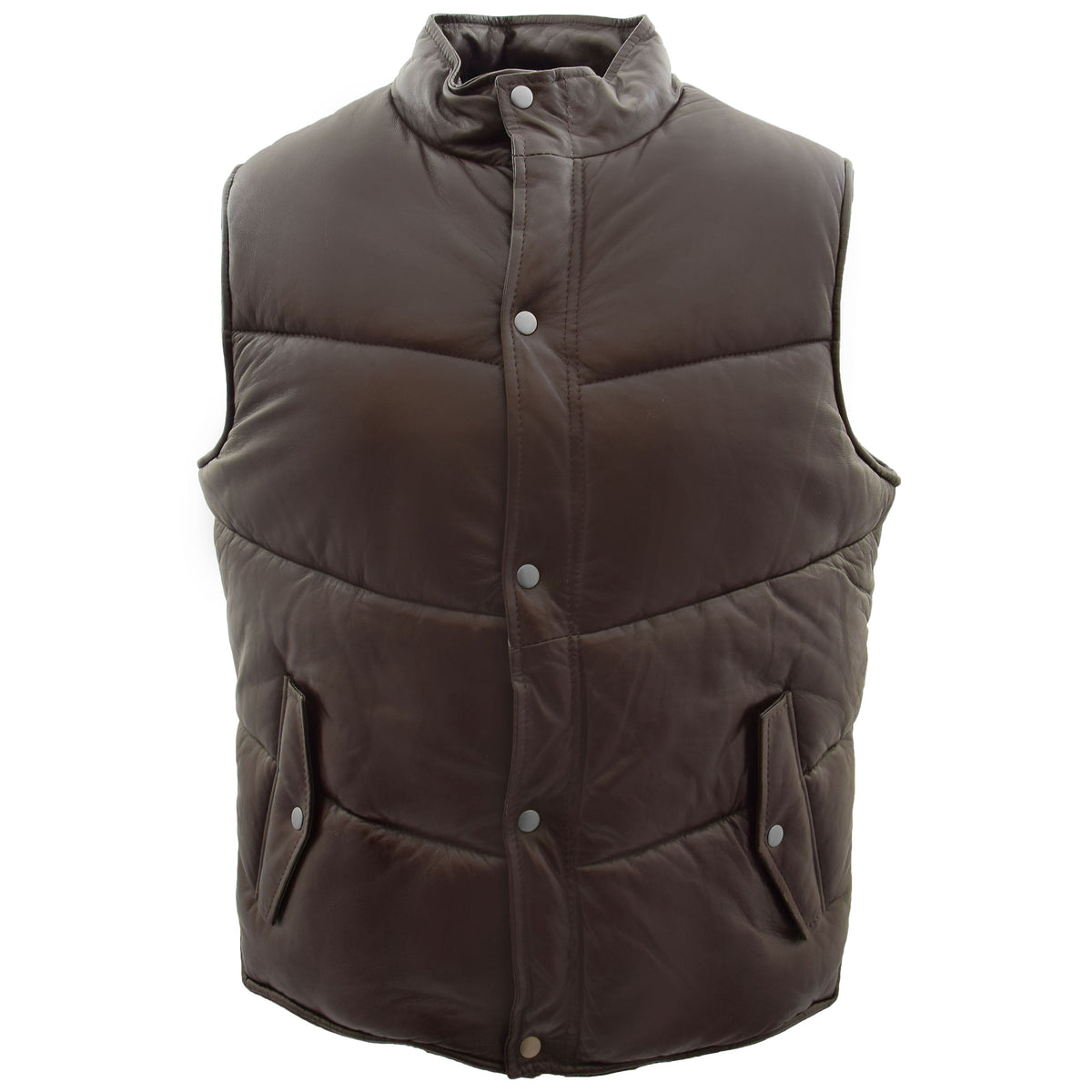 Mens Leather Puffer Waistcoat Body Warmer Leon Brown - genuine leather vest in brown with two outer pockets