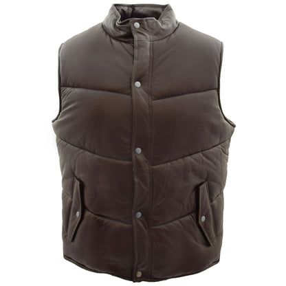 Mens Leather Puffer Waistcoat Body Warmer Leon Brown - genuine leather vest in brown with two outer pockets