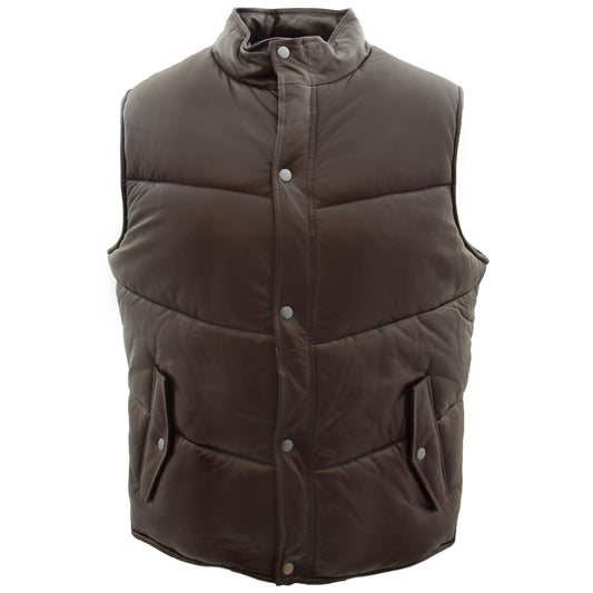Mens Leather Puffer Waistcoat Body Warmer Leon Brown - genuine leather vest in brown with two outer pockets