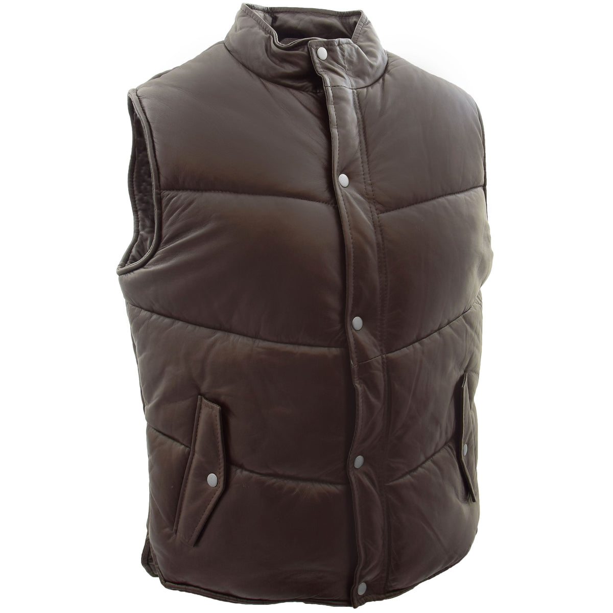 Mens Leather Puffer Waistcoat Body Warmer Leon Brown - genuine leather vest in brown with puffer