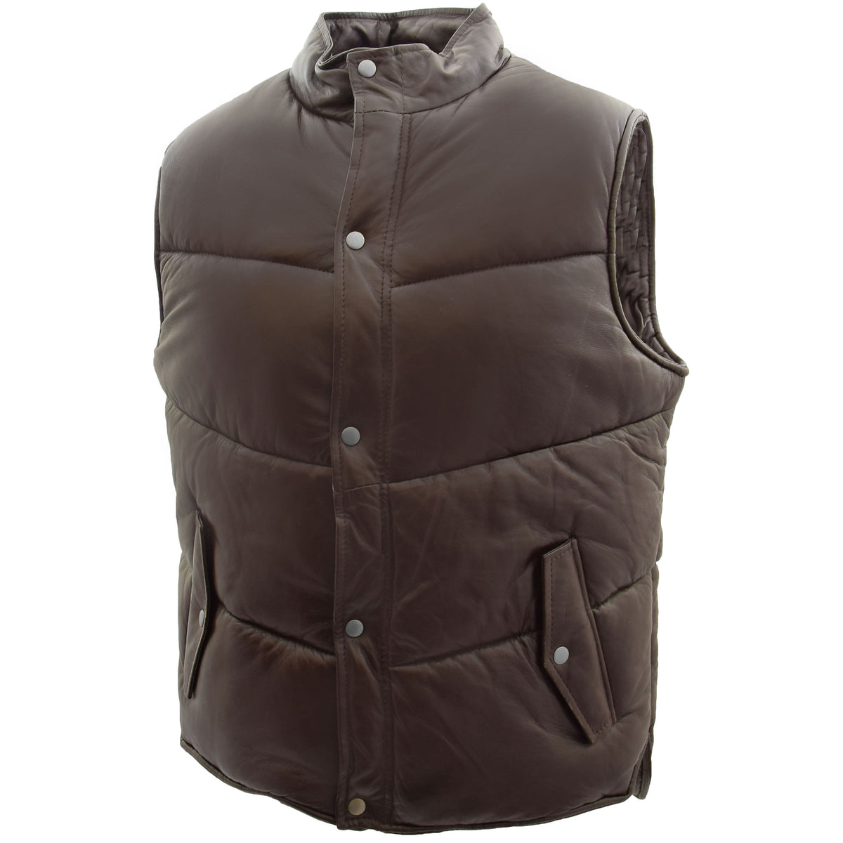 Mens Leather Puffer Waistcoat Body Warmer Leon Brown - genuine leather vest in brown with two outer pockets
