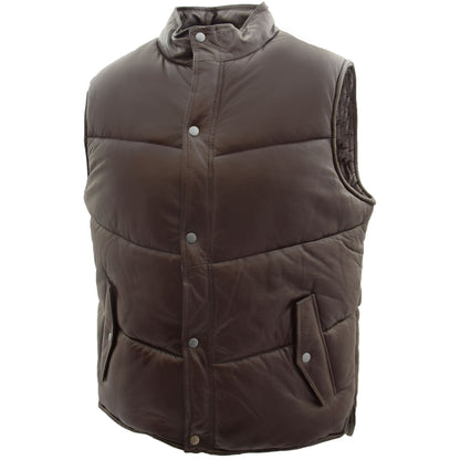 Mens Leather Puffer Waistcoat Body Warmer Leon Brown - genuine leather vest in brown with two outer pockets