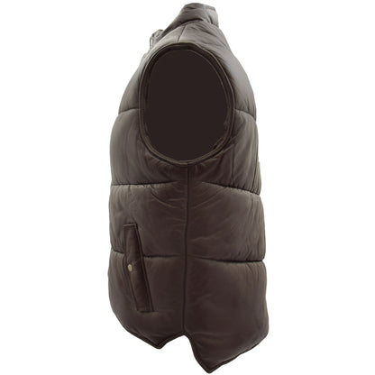 Mens Leather Puffer Waistcoat Body Warmer Leon Brown - genuine leather vest in brown with waistcoat