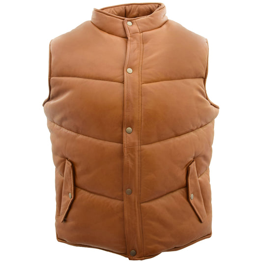 Mens Leather Puffer Waistcoat Body Warmer Leon Tan - genuine leather vest in tan with two outer pockets