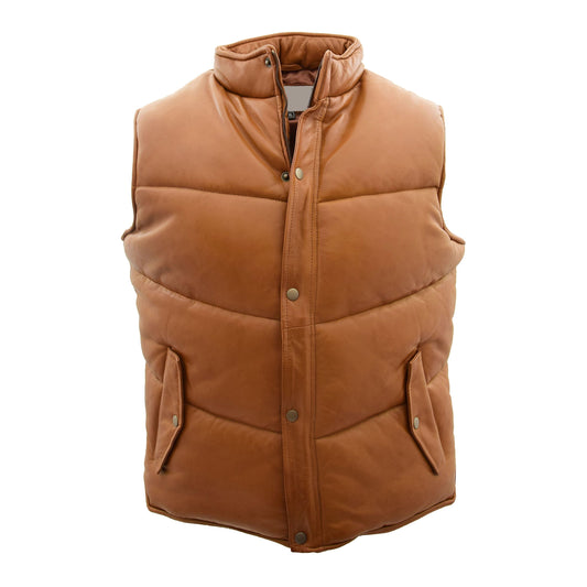 Mens Leather Puffer Waistcoat Body Warmer Leon Tan - genuine leather vest in tan with waistcoat