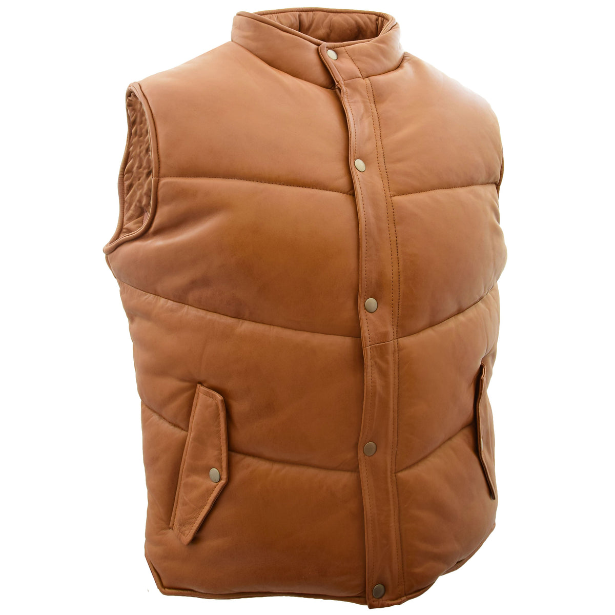 Mens Leather Puffer Waistcoat Body Warmer Leon Tan - genuine leather vest in tan with puffer