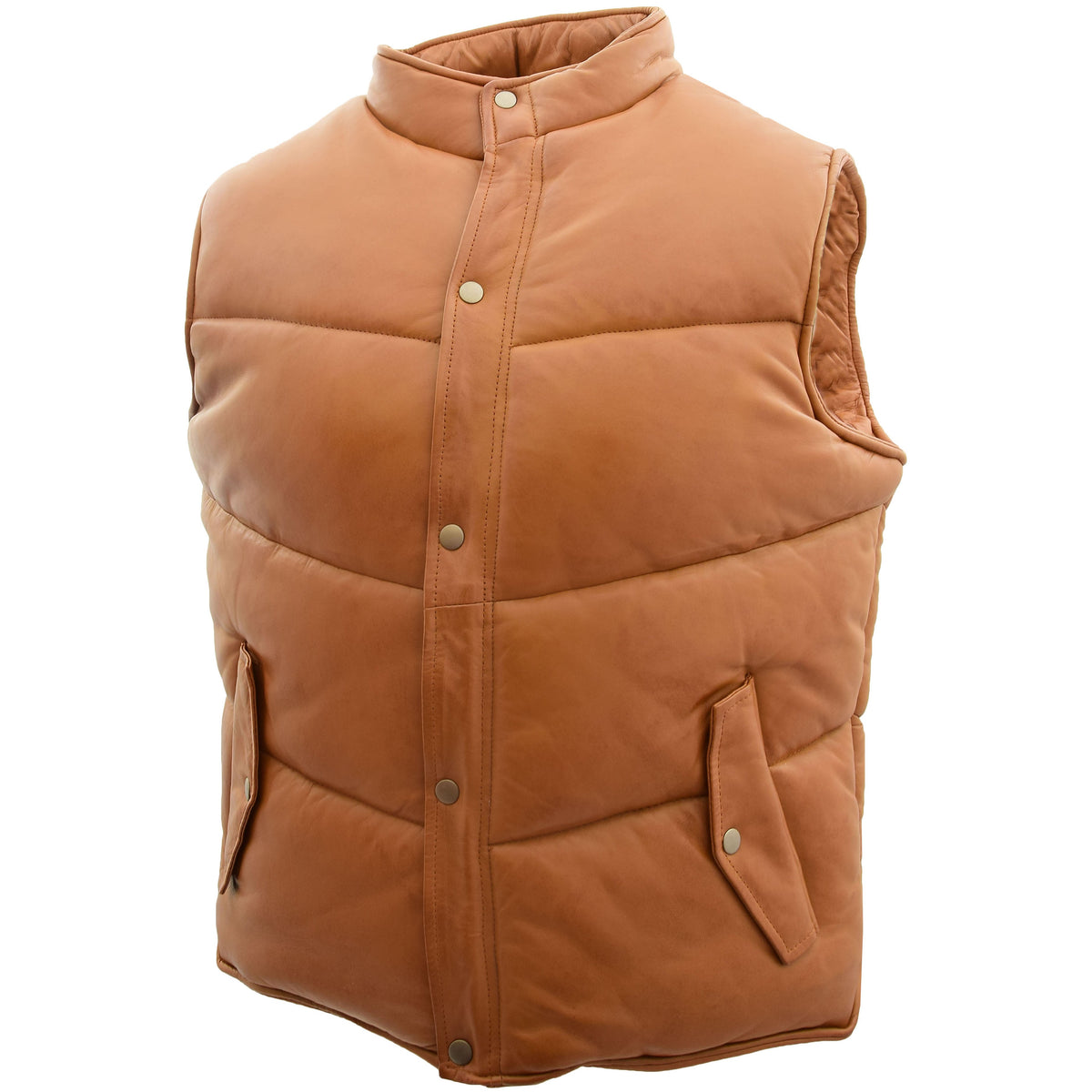 Mens Leather Puffer Waistcoat Body Warmer Leon Tan - genuine leather vest in tan with two outer pockets
