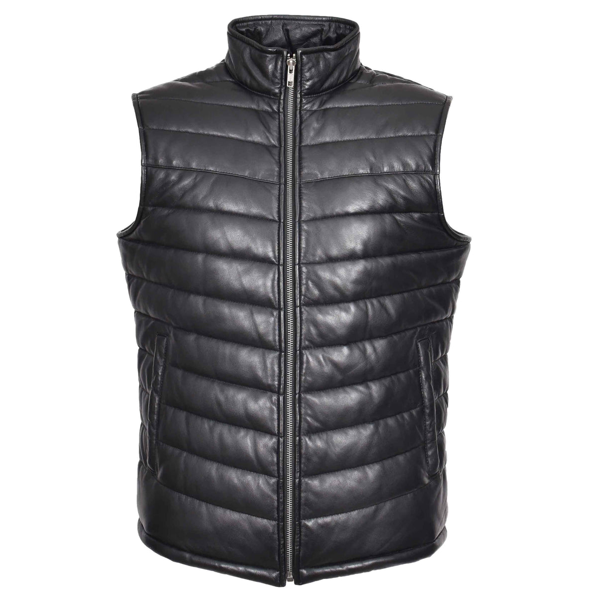 Mens Leather Puffer Waistcoat Body Warmer Vest Wilder Black - genuine leather vest in black with two outer pockets