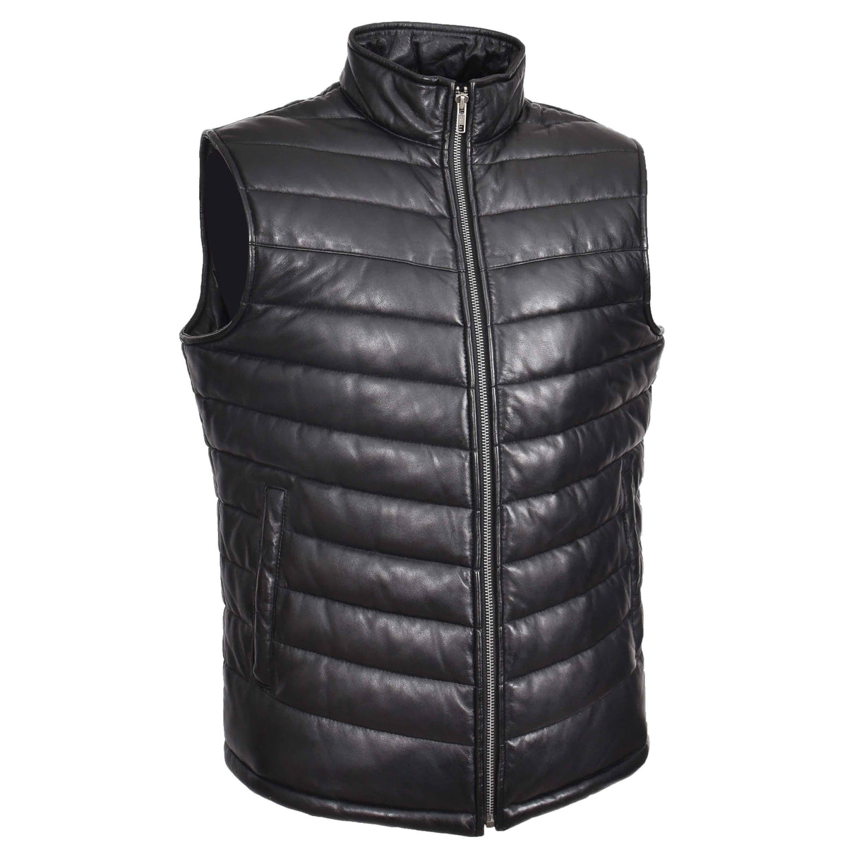 Mens Leather Puffer Waistcoat Body Warmer Vest Wilder Black - genuine leather vest in black with two outer pockets
