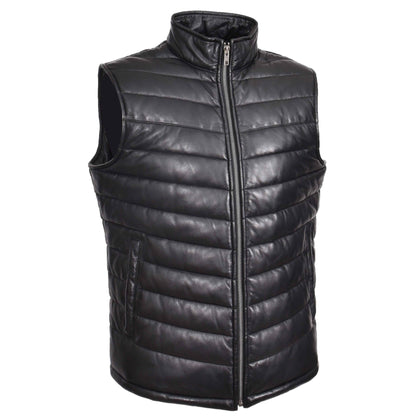 Mens Leather Puffer Waistcoat Body Warmer Vest Wilder Black - genuine leather vest in black with two outer pockets
