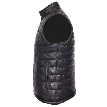 Mens Leather Puffer Waistcoat Body Warmer Vest Wilder Black - genuine leather vest in black with puffer