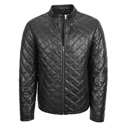 Mens Leather Quilted Anorak Style Jacket Jeff Black - genuine leather jacket in black with two outer pockets