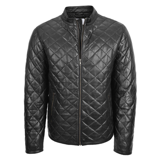 Mens Leather Quilted Anorak Style Jacket Jeff Black - genuine leather jacket in black with two outer pockets