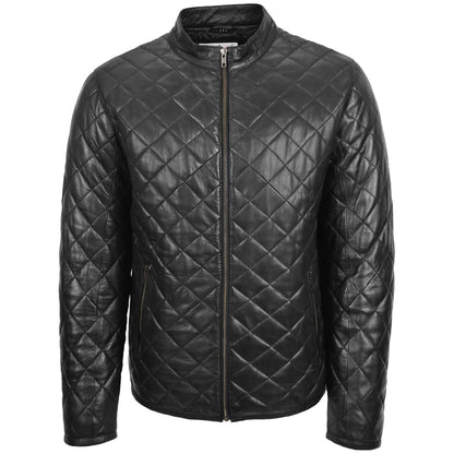 Mens Leather Quilted Anorak Style Jacket Jeff Black - genuine leather jacket in black with quilted