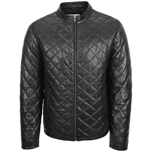 Mens Leather Quilted Anorak Style Jacket Jeff Black - genuine leather jacket in black with quilted