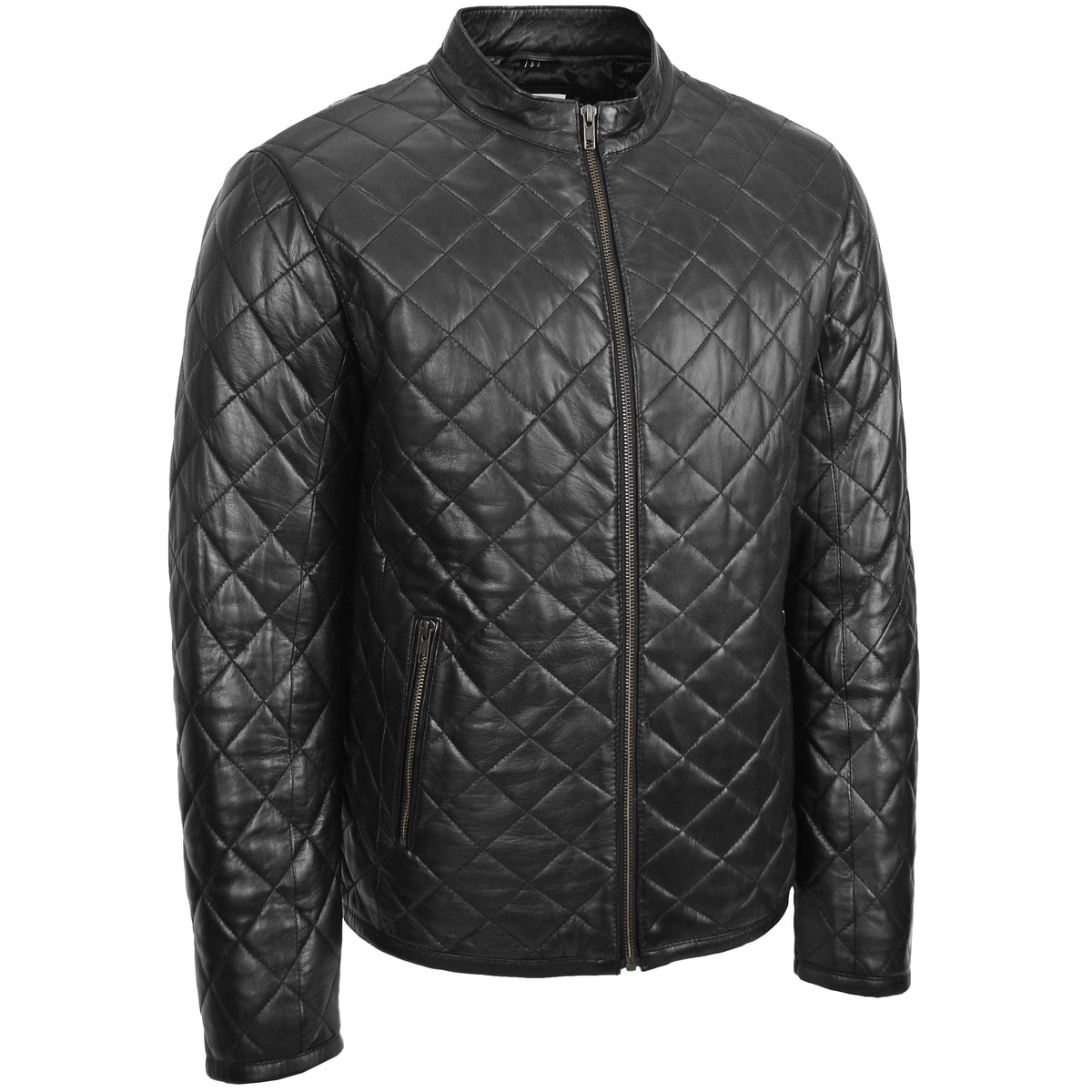 Mens Leather Quilted Anorak Style Jacket Jeff Black - genuine leather jacket in black with two outer pockets