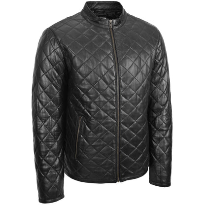 Mens Leather Quilted Anorak Style Jacket Jeff Black - genuine leather jacket in black with two outer pockets