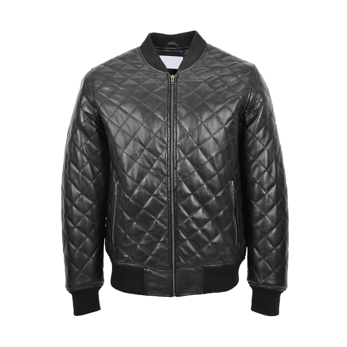 Mens Leather Quilted Bomber Jacket Warren Black - genuine leather jacket in black with two outer pockets