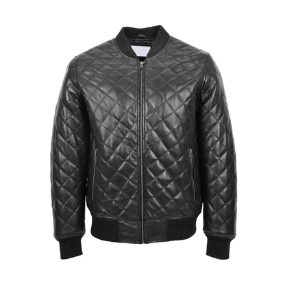 Mens Leather Quilted Bomber Jacket Warren Black - genuine leather jacket in black with two outer pockets