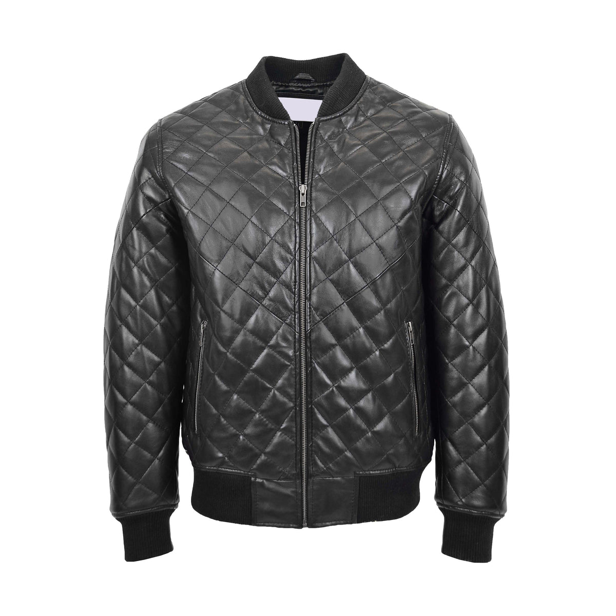 Mens Leather Quilted Bomber Jacket Warren Black - genuine leather jacket in black with quilted