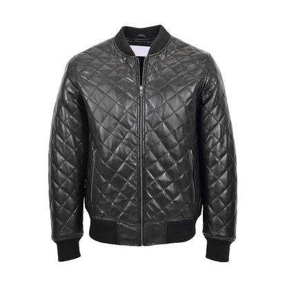 Mens Leather Quilted Bomber Jacket Warren Black - genuine leather jacket in black with quilted