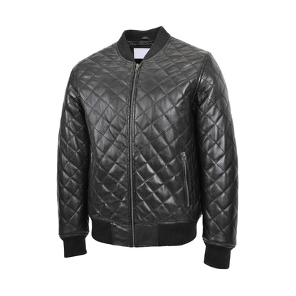 Mens Leather Quilted Bomber Jacket Warren Black - genuine leather jacket in black with bomber
