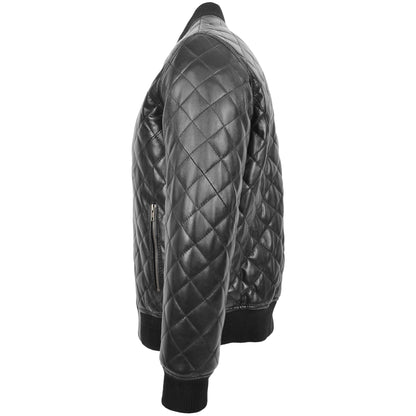 Mens Leather Quilted Bomber Jacket Warren Black - genuine leather jacket in black with two outer pockets