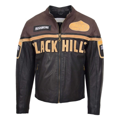 Mens Leather Racing Badges Jacket 'Black Hills' Brown - genuine leather jacket in brown with two outer pockets