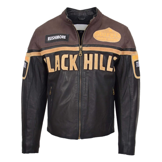 Mens Leather Racing Badges Jacket 'Black Hills' Brown - genuine leather jacket in brown with two outer pockets