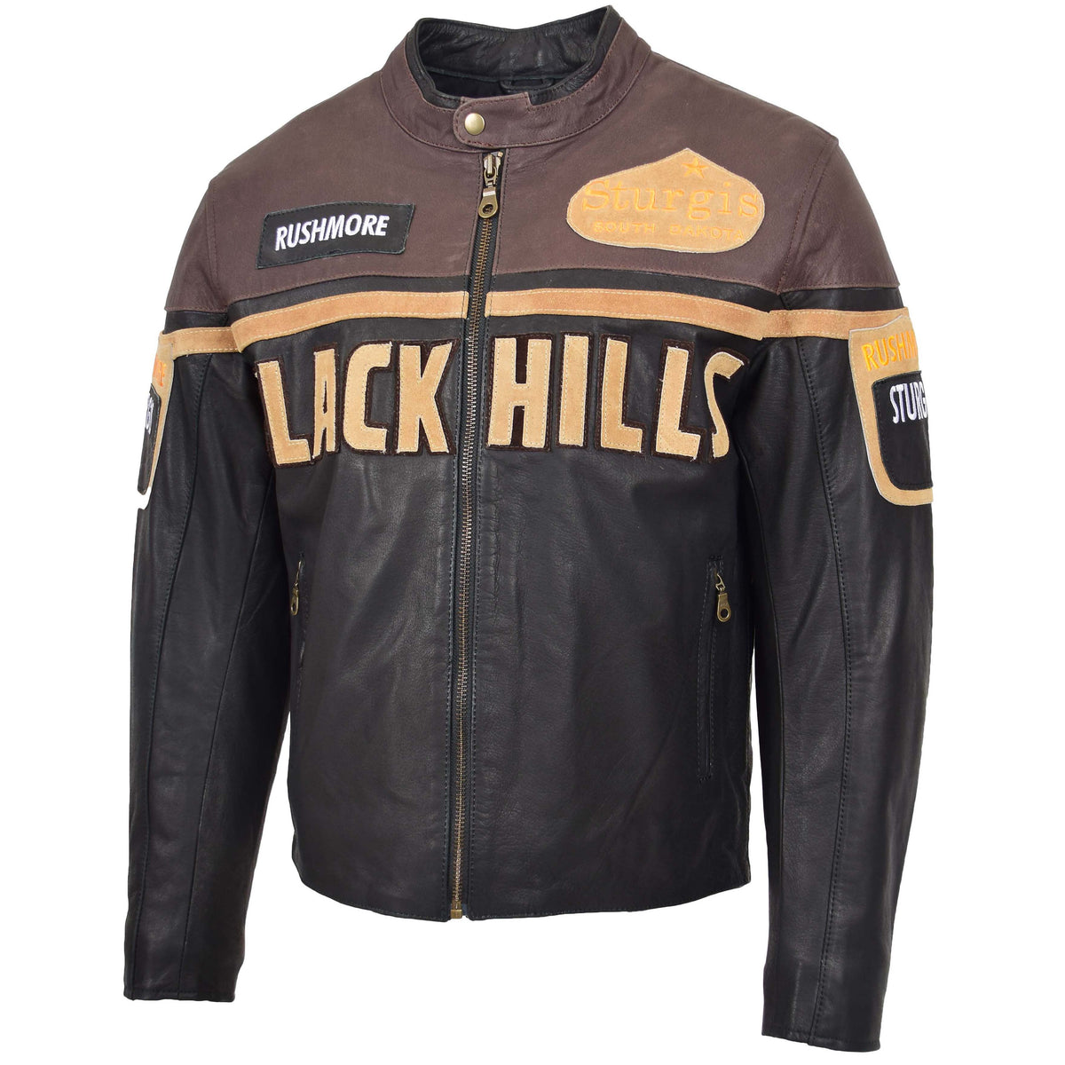 Mens Leather Racing Badges Jacket 'Black Hills' Brown - genuine leather jacket in brown with badges