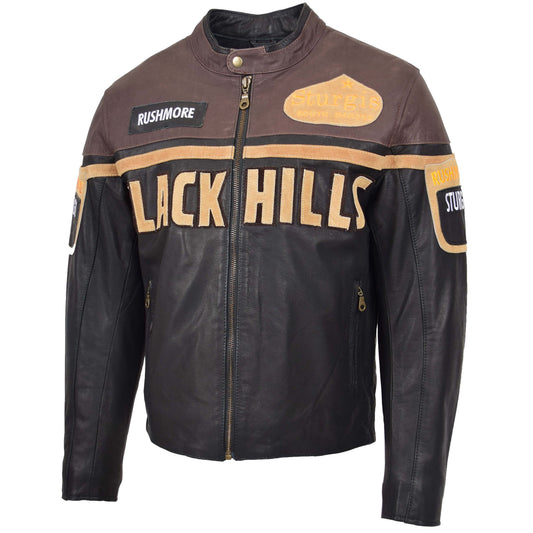 Mens Leather Racing Badges Jacket 'Black Hills' Brown - genuine leather jacket in brown with badges