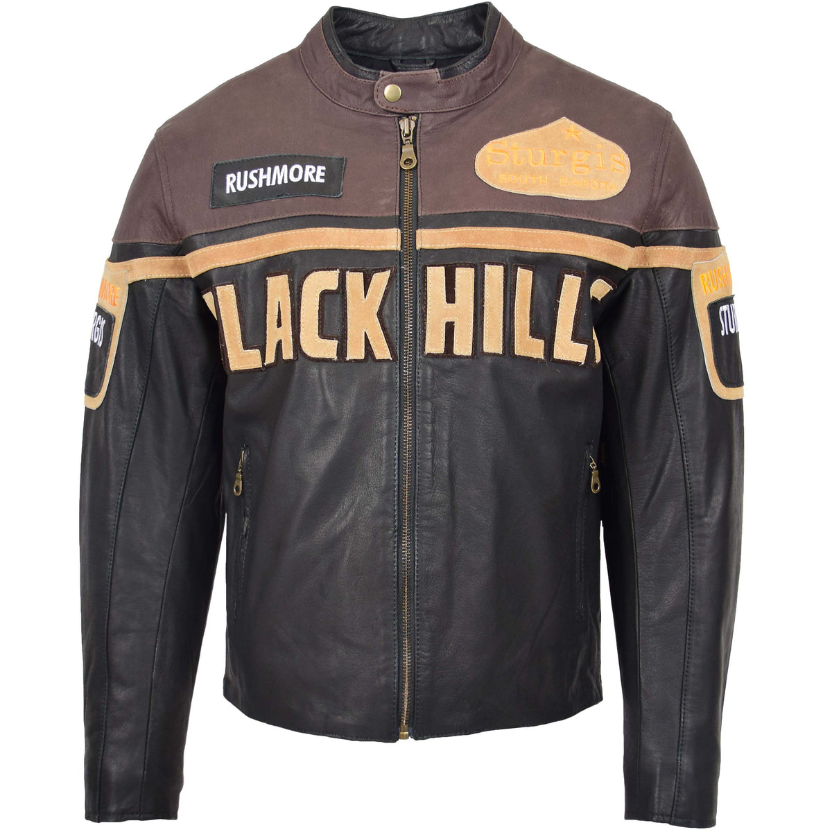 Mens Leather Racing Badges Jacket 'Black Hills' Brown - genuine leather jacket in brown with racing