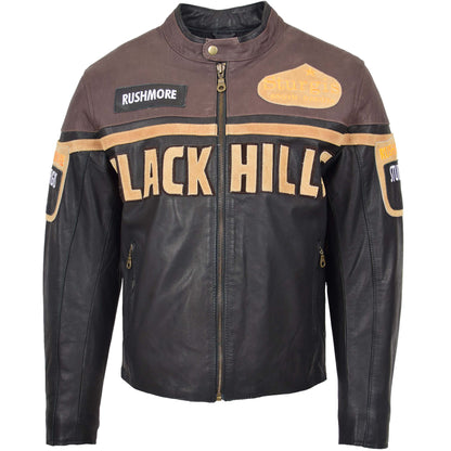 Mens Leather Racing Badges Jacket 'Black Hills' Brown - genuine leather jacket in brown with racing