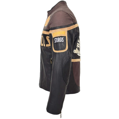 Mens Leather Racing Badges Jacket 'Black Hills' Brown - genuine leather jacket in brown with two outer pockets