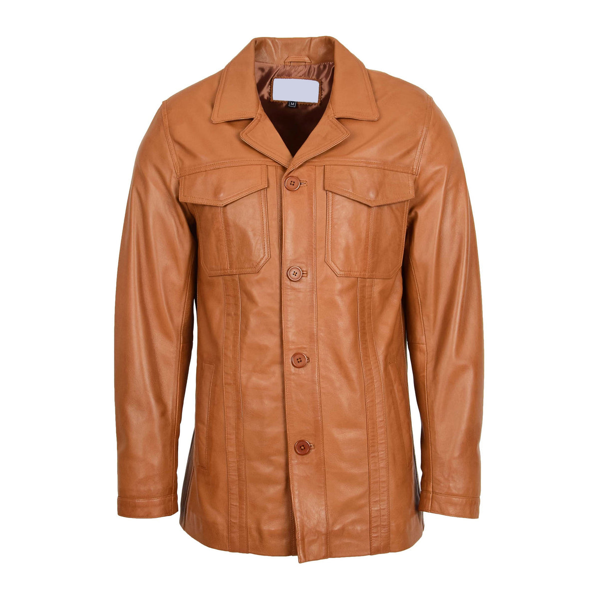 Mens Leather Reefer Buttoned Blazer Jacket Derek Tan - genuine leather jacket in tan with four outer pockets