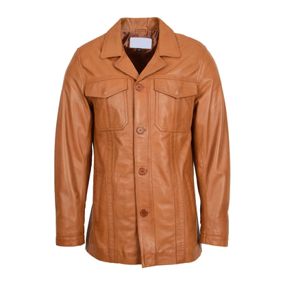 Mens Leather Reefer Buttoned Blazer Jacket Derek Tan - genuine leather jacket in tan with four outer pockets