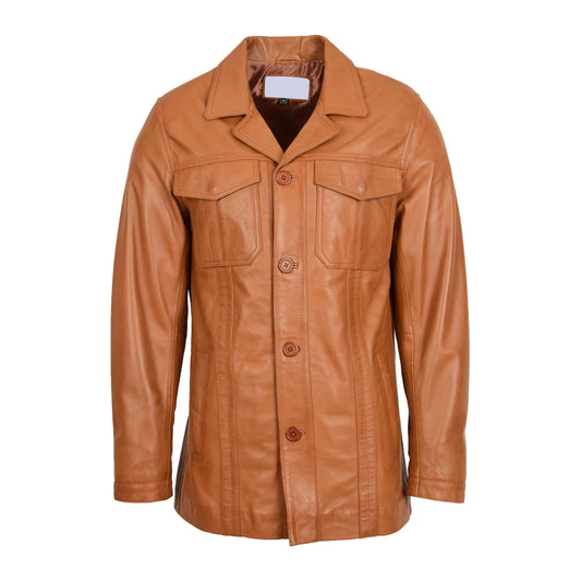 Mens Leather Reefer Buttoned Blazer Jacket Derek Tan - genuine leather jacket in tan with four outer pockets