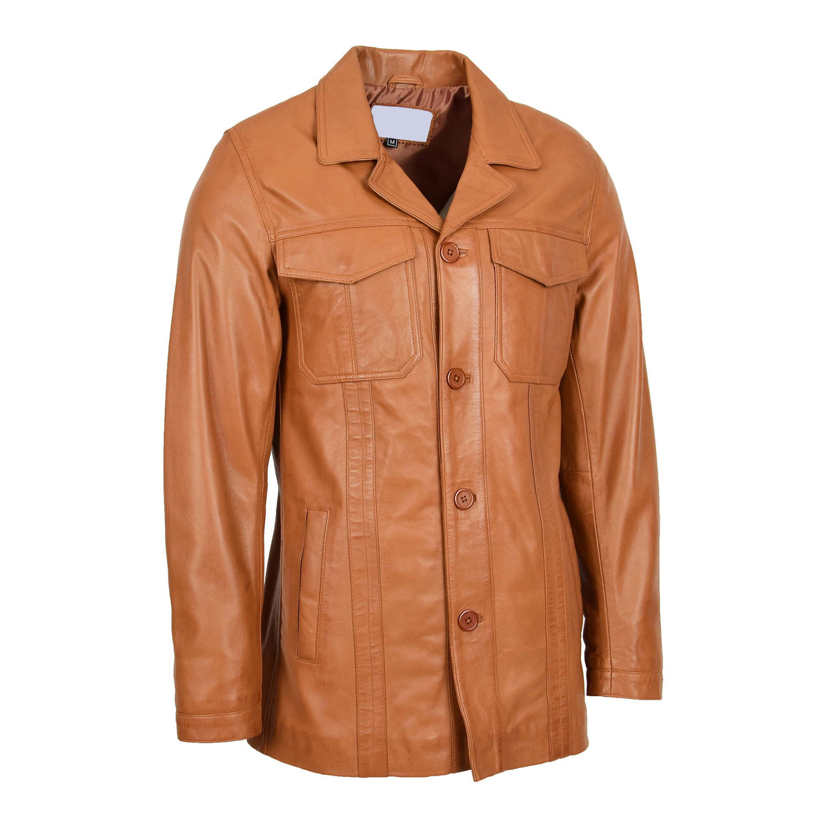 Mens Leather Reefer Buttoned Blazer Jacket Derek Tan - genuine leather jacket in tan with blazer