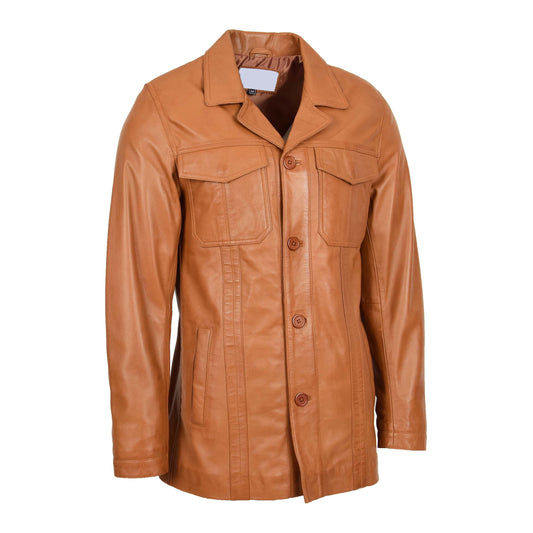 Mens Leather Reefer Buttoned Blazer Jacket Derek Tan - genuine leather jacket in tan with blazer
