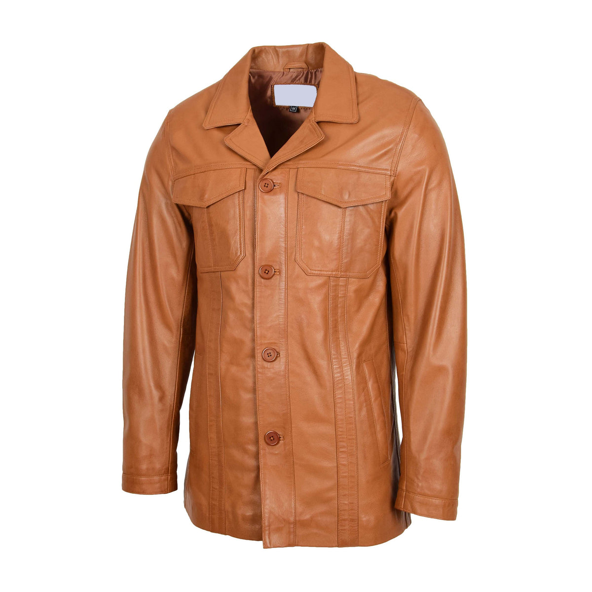 Mens Leather Reefer Buttoned Blazer Jacket Derek Tan - genuine leather jacket in tan with reefer