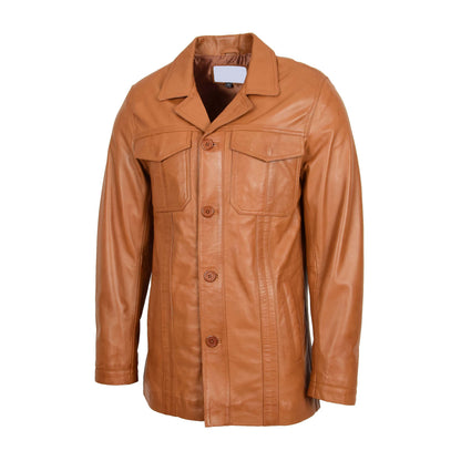 Mens Leather Reefer Buttoned Blazer Jacket Derek Tan - genuine leather jacket in tan with reefer