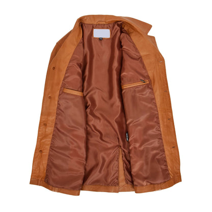 Mens Leather Reefer Buttoned Blazer Jacket Derek Tan - genuine leather jacket in tan with blazer