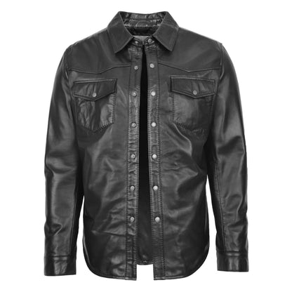 Mens Leather Shirt Classic Trucker Style Oliver Black - genuine leather jacket in black with two outer pockets